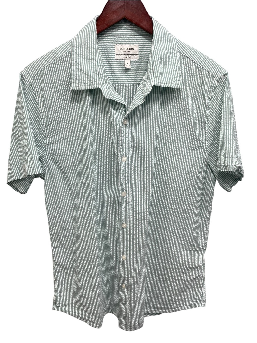 Bonobos Men's Riviera Short Sleeve Woven Shirt w/ Vertical Green Stripes Sz M